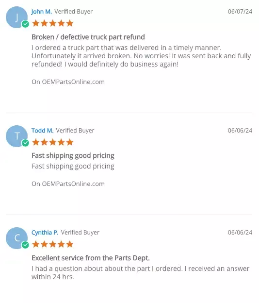 2019 Ranger Tailgate Damper Review by Frank P. on 6 Dec 2019: Excellent product. Operates exactly as advertised. Easy to install. This should be included on all new Ranger models.
Broken/defective truck part refund Review by John M. on 7 Jun 2024: I ordered a truck part that was delivered in a timely manner. Unfortunately, it arrived broken. No worries! It was sent back and fully refunded! I would definitely do business again!
Fast shipping good pricing Review by Todd M. on 6 Jun 2024: Fast shipping, good pricing.
Excellent service from the Parts Dept. Review by Cynthia P. on 6 Jun 2024: I had a question about the part I ordered. I received an answer within 24 hrs.
Honda Insight Review by Andrew H. on 6 Jun 2024: Got exactly what I ordered quickly. Thank you!