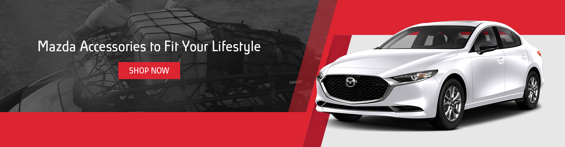 Genuine Mazda parts and accessories banner with a white Mazda3 sedan