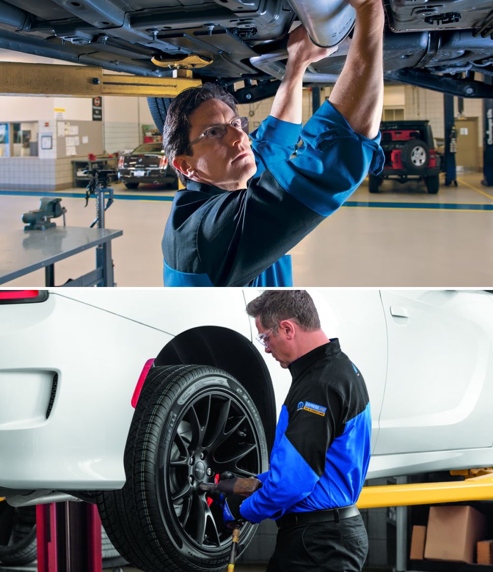 Mopar Certified Technicians inspect the underside of a car and its wheels