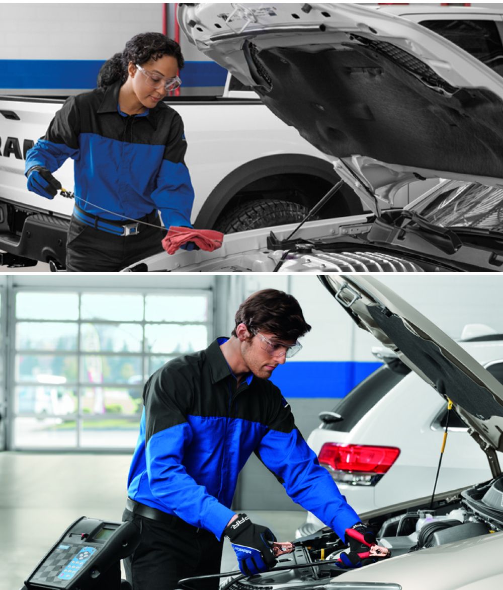 Mopar Certified Technicians check an engine's oil and test a car battery