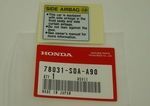 78031SDAA90 - Body: Air Bag Label for Honda: Accord, Accord Crosstour, Civic, CR-V, CR-Z, Crosstour, Element, Fit, HR-V, Insight, Odyssey, Pilot, Ridgeline Image