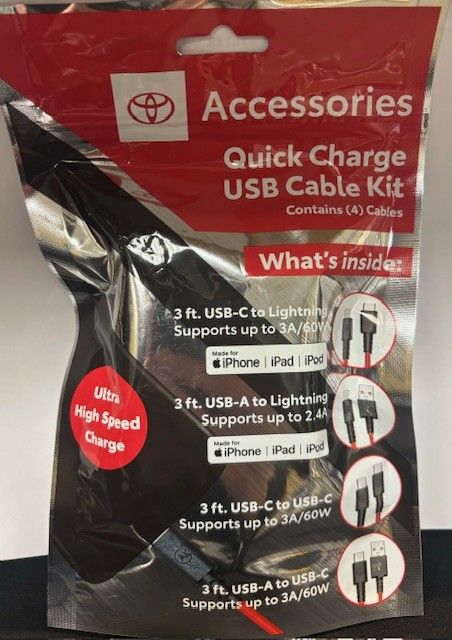 PTQ7600230 - Audio/Video: Quick Charging Cable Package for Toyota: 4Runner, Avalon, bZ4X, C-HR, Camry, Corolla, Corolla Cross, Crown, GR86, Grand Highlander, Highlander, Land Cruiser, Mirai, Prius, Prius Prime, RAV4, RAV4 Prime, Sequoia, Sienna, Tacoma, Tundra, Venza Image