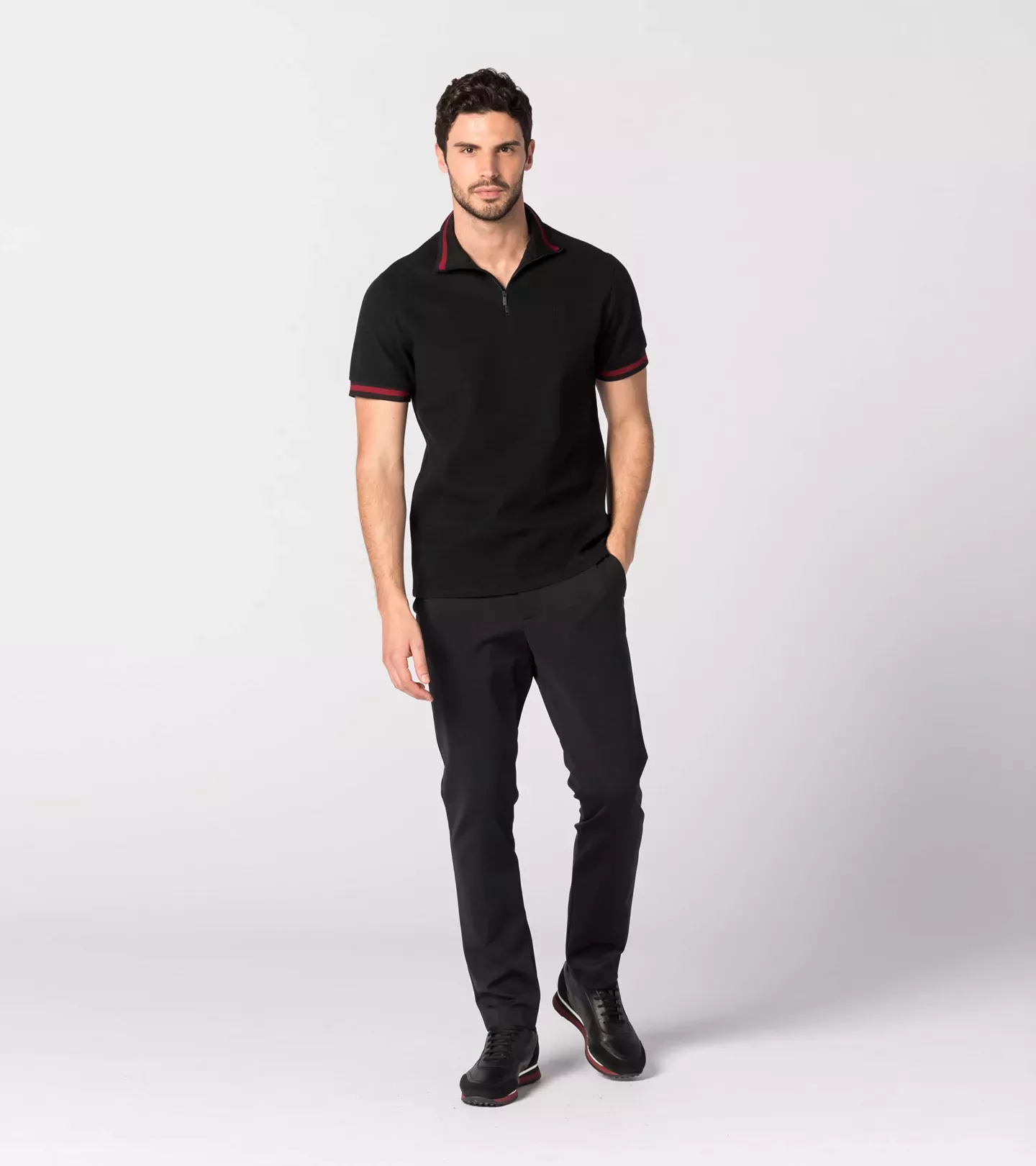 405648701 - : Zip-Up Polo - Jet Black/Rhubarb Red for Porsche Image