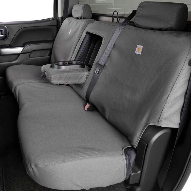 VML3Z2663812F - Interior: Carhartt Gravel 60/40 Rear Seat Covers for Ford F-150 SuperCrew with Armrest for Ford: E-350 Super Duty, E-450 Super Duty, F-150, F-250 Super Duty, F-350 Super Duty, F-450 Super Duty, F-550 Super Duty Image