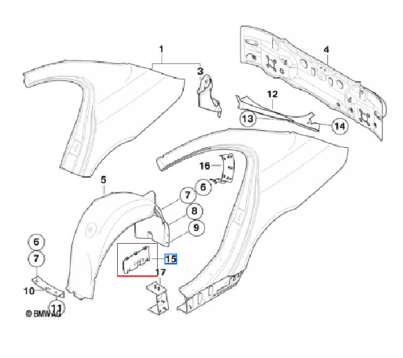 51717143261 - Body: Fender Liner Lower Cover for BMW: 525i, 525xi, 528i, 528i xDrive, 528xi, 530i, 530xi, 535i, 535i xDrive, 535xi, 545i, 550i, M5 Image