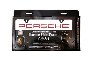 PNA70400845 - : Black Stainless Steel Porsche License Plate Frame Gift Set - with Valve Stem Caps &amp; Crest Keyring for Porsche Image