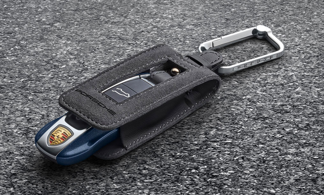 Porsche Genuine Style Tumbled Leather & Alcantara Keyring – 13cm, Black – Fits 911, Macan, Panamera, GT3