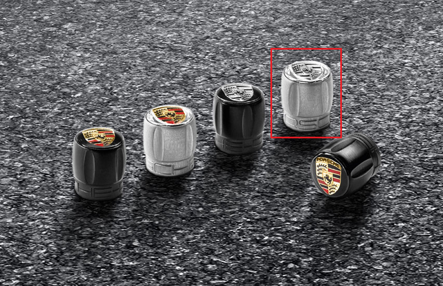 99104460268 - : Valve Stem Caps Set - Silver Aluminum caps with Monochrome Porsche Crest (TPM) for Porsche: 718 Boxster, 718 Cayman, 718 Spyder, 911, Cayenne, Cayman, Macan, Panamera, Taycan Image
