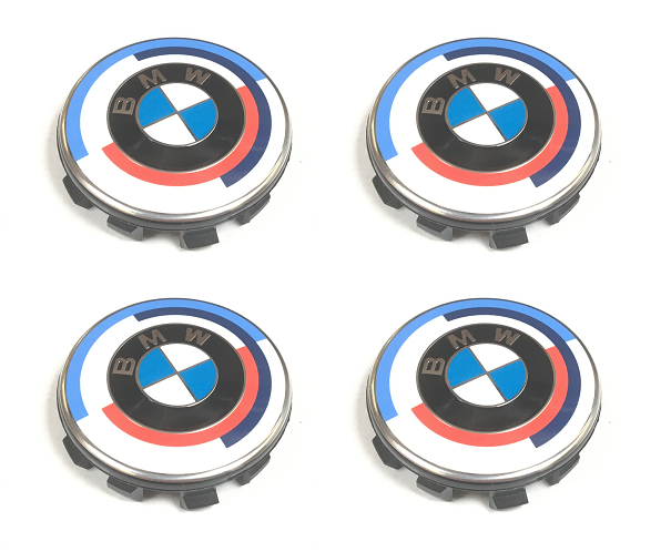 thumbnail image 2 of Set Of 4 – 56mm BMW 50th Anniversary Wheel Center Hub Caps – Blue/Red/Violet Logo (Glossy, 36135A37E40) 2 of 4