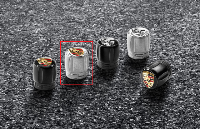 99104460269 - : Valve Stem Caps Set - Silver Aluminum caps with Colored Porsche Crest (TPM) for Porsche: 718 Boxster, 718 Cayman, 718 Spyder, 911, Boxster, Cayenne, Cayman, Macan, Panamera, Taycan Image