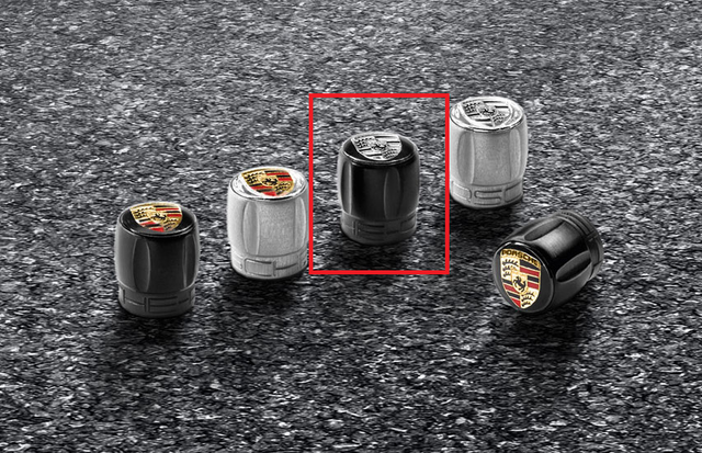 99104460357 - : Valve Stem Caps Set - Black with Monochrome Porsche Crest for Porsche: 911, Boxster, Cayman, Macan Image