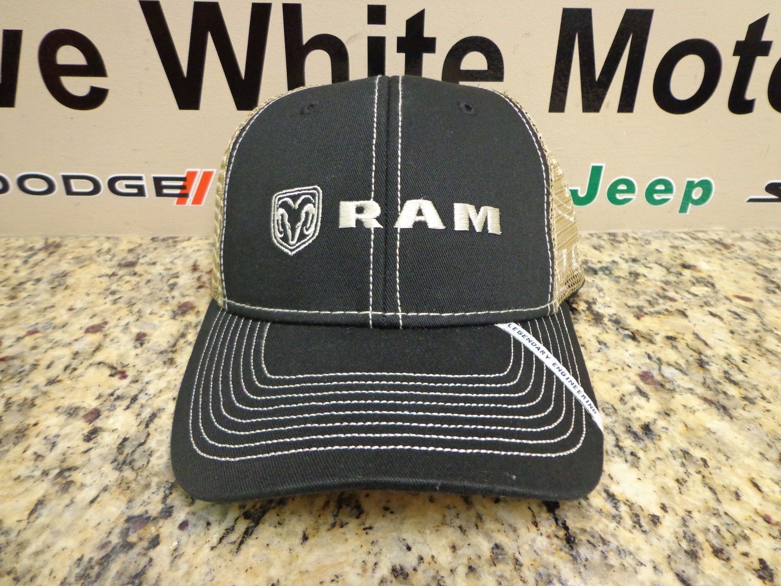 106H4 - : New Ram Cotton Twill Mesh Cap Ballcap Hat Black Tan Ram Logo for Mopar Image
