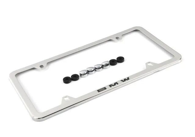 82120042709 - Exterior: License Plate Frame, Laser Slimline Chrome for BMW: 228i, 228i xDrive, 230i, 230i xDrive, 320i, 320i xDrive, 328d, 328d xDrive, 328i, 328i xDrive, 330e, 330i, 330i GT xDrive, 330i xDrive, 335i GT xDrive, 335i xDrive, 340i, 340i GT xDrive, 340i xDrive, 428i, 428i xDrive, 430i, 430i Gran Coupe, 430i xDrive, 435i, 435i xDrive, 440i, 440i xDrive, 528i, 528i xDrive, 530i, 530i xDrive, 535d, 535d xDrive, 535i, 535i GT, 535i GT xDrive, 535i xDrive, 540d xDrive, 540i, 540i xDrive, 550i, 550i GT xDrive, 550i xDrive, 640i, 640i Gran Coupe, 640i xDrive, 640i xDrive Gran Coupe, 640i xDrive Gran Turismo, 650i, 650i Gran Coupe, 650i xDrive, 650i xDrive Gran Coupe, 740e xDrive, 740i, 740i xDrive, 740Li, 740Li xDrive, 750i, 750i xDrive, 750Li, 750Li xDrive, 760Li, 840i, 840i Gran Coupe, Alpina B6 xDrive Gran Coupe, Alpina B7, M2, M235i, M235i xDrive, M240i, M240i xDrive, M3, M340i, M4, M440i Gran Coupe, M5, M550i xDrive, M6, M6 Gran Coupe, M760i xDrive, M8, X1, X2, X3, X4, X5, X6, X7, Z4 Image