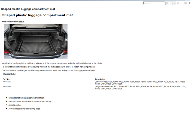 39841686 - Interior: 2017-2020 Volvo S90 - Luggage Compartment Mat Shaped Plastic (High load floor) for Volvo: S90 Image