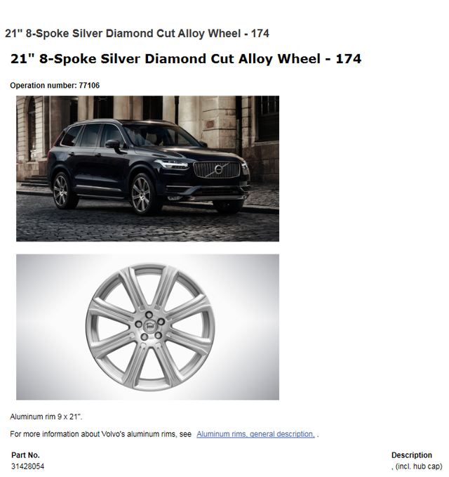 31445015 - Suspension: 2016-2020 Volvo XC90 21 Inch Aluminum Rim Wheel 8 Spoke Silver Diamond Cut Alloy for Volvo: XC90 Image