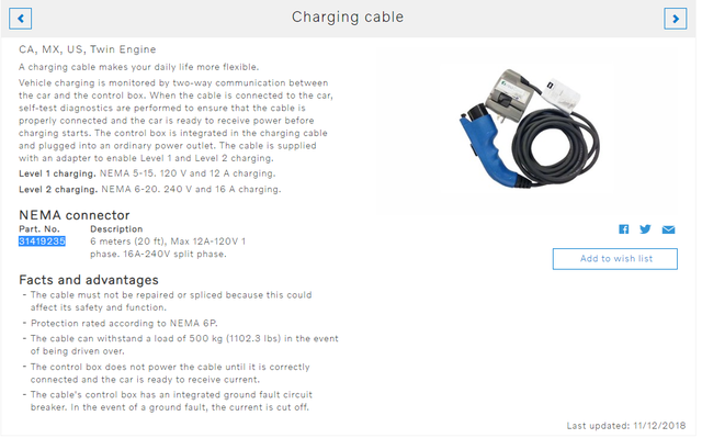31419235 - Exterior: 2016-2019 Volvo Charging Cable XC90 XC60 S60 for Volvo: S60, XC60, XC90 Image