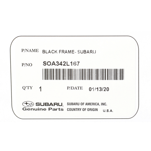 SOA342L167 - Exterior: 2020-2025 Genuine Subaru OEM License Plate Frame in Matte Black for Subaru: Ascent, BRZ, Crosstrek, Forester, Impreza, Legacy, Outback, Solterra, WRX Image