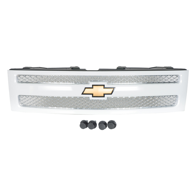 22767482 - Exterior: OEM NEW 2007-2013 GM Silverado Front Grille Painted White w/Chrome Mesh 22767482 for Chevrolet: Silverado 1500, Silverado 1500 Classic, Silverado 1500 HD Classic, Silverado 2500 HD, Silverado 2500 HD Classic, Silverado 3500 Classic, Silverado 3500 HD Image