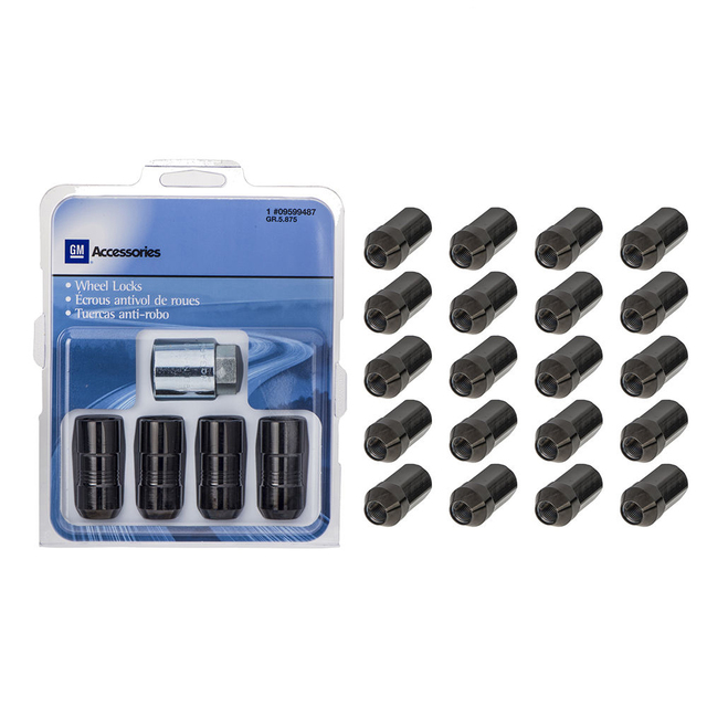 85105299 - Wheels: Wheel Locks And Lug Nuts Kit - Black for Buick: Enclave | Cadillac: Escalade, Escalade ESV, XT5, XT6 | Chevrolet: Blazer, Colorado, Silverado 1500, Silverado 1500 LD, Silverado 1500 LTD, Suburban, Suburban 3500 HD, Tahoe, Traverse | GMC: Acadia, Canyon, Sierra 1500, Sierra 1500 Limited, Yukon, Yukon XL Image