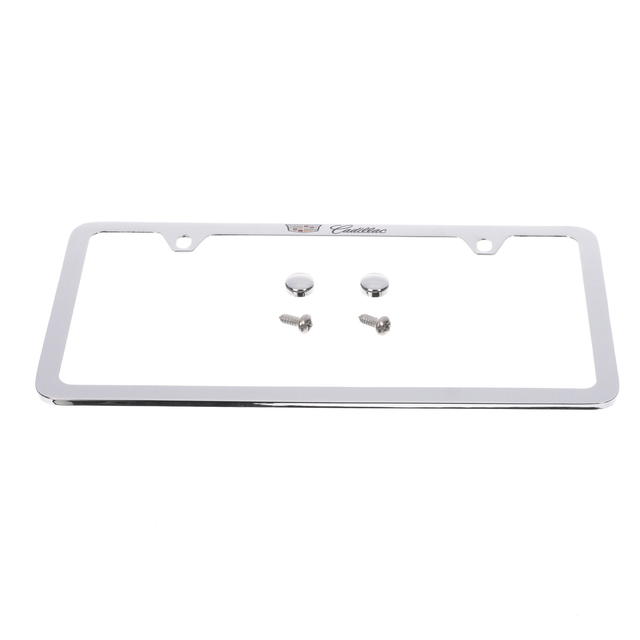 19368087 - Exterior: OEM NEW 14-20 GM Cadillac Slim License Plate Frame Chrome w/ Crest Logo 19368087 for Cadillac: ATS, CT4, CT5, CT6, CTS, ELR, Escalade, Escalade ESV, LYRIQ, SRX, XT4, XT5, XT6, XTS Image