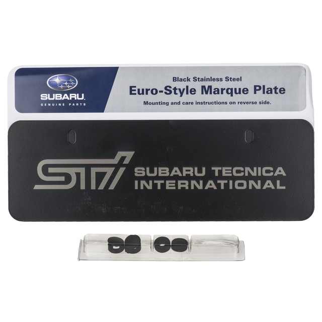 SOA342L133 - Exterior: Subaru Euro-Style Marque Plate Matte Black STI) OEM NEW for Subaru: BRZ, Crosstrek, Forester, Impreza, Legacy, Outback, WRX Image