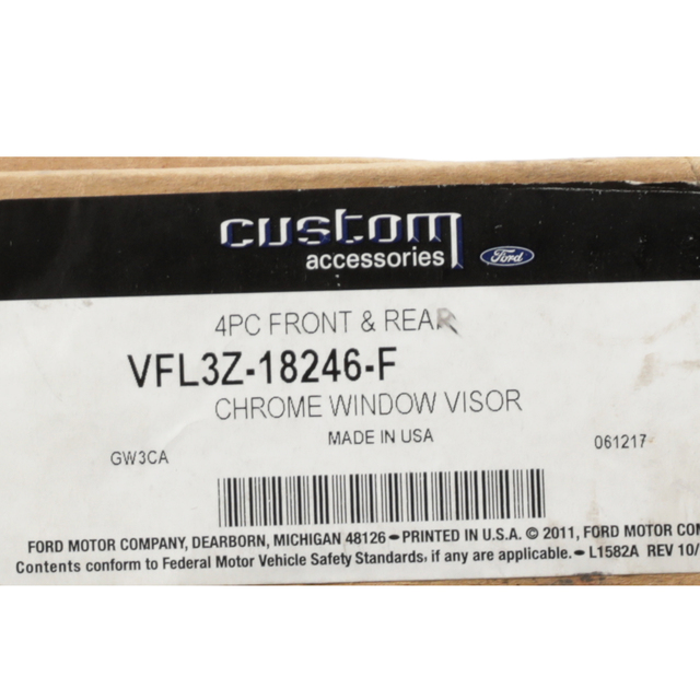 VFL3Z18246F - Exterior: Side Window Deflectors, Chrome, 4-Piece Set for Ford: E-350 Super Duty, E-450 Super Duty, F-150, F-250 Super Duty, F-350 Super Duty, F-450 Super Duty, F-550 Super Duty Image