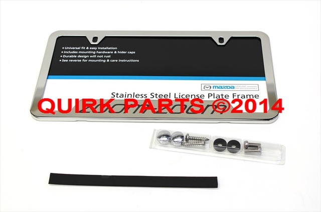 83Z03 - Exterior: 1990-2014 Mazda3/6/2/etc Stainless Steel "Zoom-Zoom" License Plate Frame OEM NEW for Mazda: 2, 3, 5, 6, CX-3, CX-5, CX-7, CX-9, MPV, MX-5 Miata, RX-8, Tribute Image