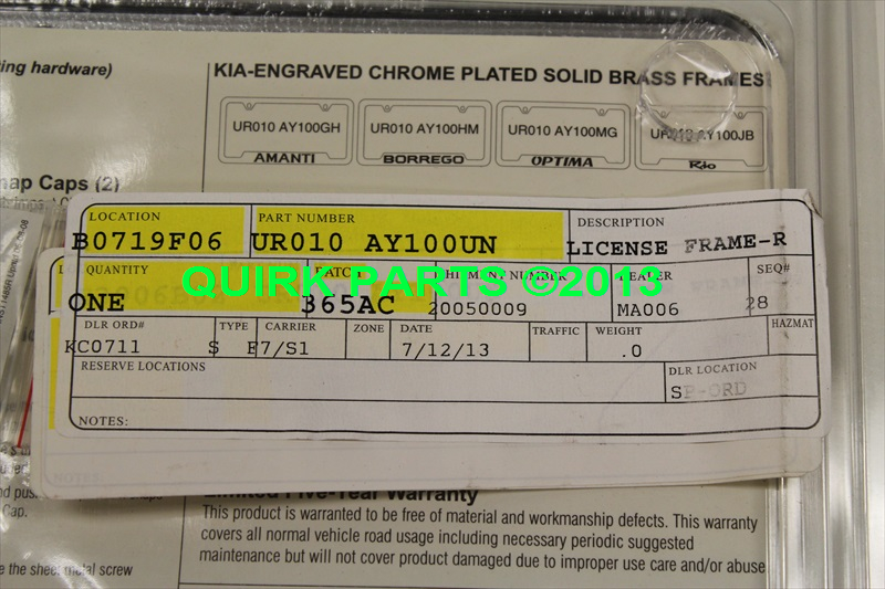 UR010AY100UN - Exterior: Kia Rondo License Plate Frame OEM BRAND NEW Genuine Part # UR010-AY100UN for Kia Image