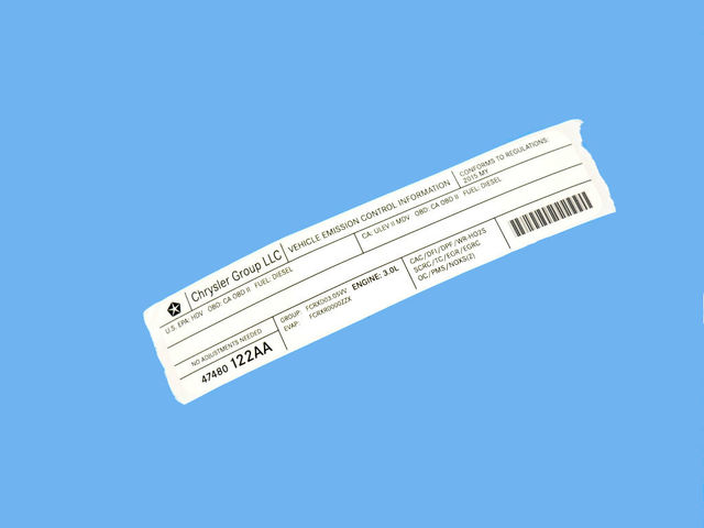 47480122AA - Labels: Vehicle Emission Control Information Label for Ram: ProMaster 1500, ProMaster 2500, ProMaster 3500 Image
