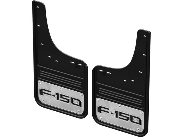 VPL3Z16A550A - : F150 Splash Guards - Gatorback By Truck Hardware, Rear Pair, Chrome Plate With Black F-150 Logo, For Lightning Only for Ford: F-150 Lightning Image