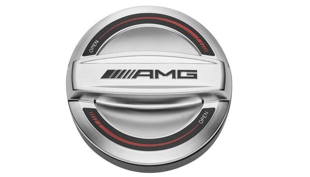 4703301 - Exterior Detachable Parts: Amg Filler Cap - Chrome Shadow Red for Mercedes-Benz: AMG GT 63 Pro, AMG GT 63 S E Performance, C63 AMG S E Performance, GLC350e, GLC63 AMG S E Performance, S580e, S63 AMG E Performance, SL63 AMG S E Performance Image