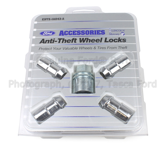 E9TZ1A043A - Suspension: Wheel Locks - Chrome - Exposed Lugs for Ford: Explorer, Explorer Sport Trac, Five Hundred, Flex, Police Interceptor Utility, Ranger, Taurus, Taurus X | Lincoln: MKS, MKT | Mercury: Montego, Mountaineer, Sable Image