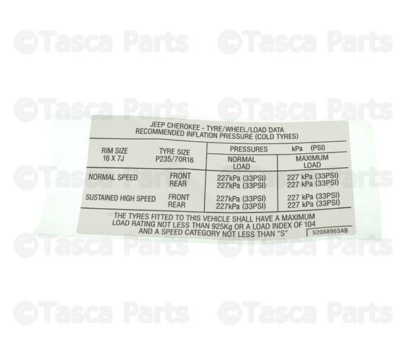 52088963AB - Labels: Tire Pressure Label for Mopar Image