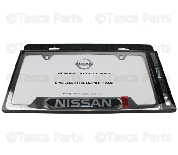 999MBSV000 - Exterior: License Plate Frame, Nissan Logo for Nissan: 200SX, 240SX, 300ZX, 370Z, Altima, Armada, Axxess, Cube, Frontier, GT-R, Juke, Kicks, LEAF, Maxima, Murano, NV1500, NV200, NV2500, NV3500, NX, Pathfinder, Pickup, Pulsar NX, Qashqai, Quest, Rogue, Rogue Sport, Sentra, Stanza, TITAN, TITAN XD, Versa, Versa Note, Xterra Image
