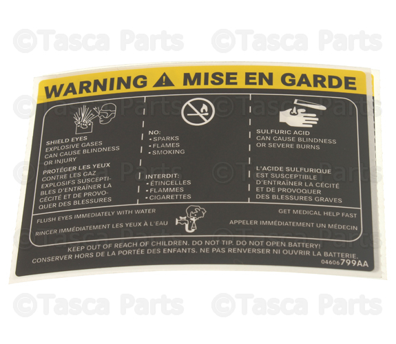 4606799AA - Labels: Battery Warning Label for Chrysler: 200, 300, Pacifica, Town &amp; Country, Voyager | Dodge: Challenger, Charger, Dart, Grand Caravan, Magnum, Viper | Jeep: Cherokee, Compass, Liberty, Patriot | Ram: C/V | SRT: Viper Image