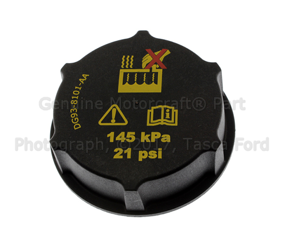 DG9Z8100A - Cooling System: Reservoir Cap for Ford: Bronco, Bronco Sport, C-Max, E-Transit, EcoSport, Edge, Escape, Expedition, Explorer, F-150, F-150 Lightning, F-250 Super Duty, F-350 Super Duty, F-450 Super Duty, F-550 Super Duty, Fiesta, Focus, Fusion, Maverick, Mustang, Mustang Mach-E, Police Interceptor Utility, Police Responder Hybrid, Ranger, SSV Plug-In Hybrid, Transit Connect, Transit-150, Transit-250, Transit-350, Transit-350 HD | Lincoln: Aviator, Continental, Corsair, MKC, MKX, MKZ, Nautilus, Navigator Image