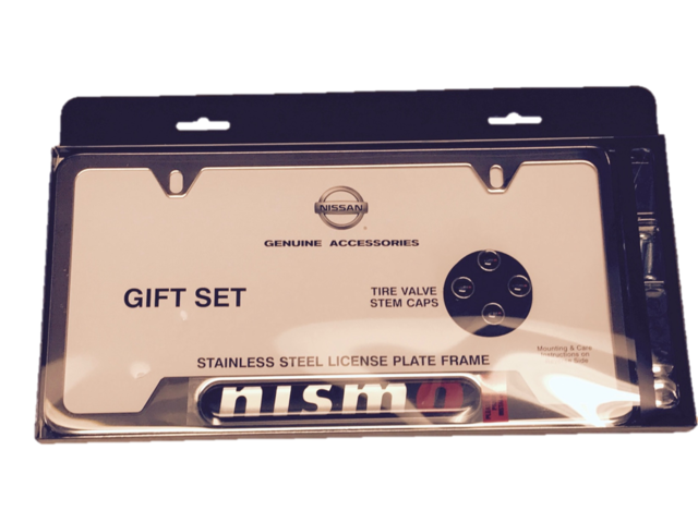 999MBAX001 - : Nismo Chrome License Plate Frame And Valve Stem Caps (Set Of 4) Package (Nismo Logo On Frame And Caps) for Nismo Image