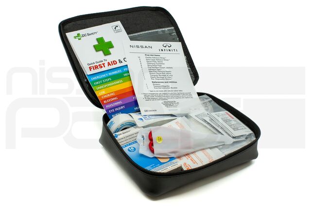 999M1ST000 - : FIRST AID KIT for Nissan: 200SX, 240SX, 300ZX, 350Z, 370Z, 720, Altima, ARIYA, Armada, Axxess, Cube, Frontier, Juke, Kicks, Kicks Play, LEAF, Maxima, Murano, NV1500, NV200, NV2500, NV3500, NX, Pathfinder, Pickup, Pulsar, Pulsar NX, Qashqai, Quest, Rogue, Rogue Sport, Sentra, Stanza, TITAN, TITAN XD, Van, Versa, Versa Note, Xterra Image