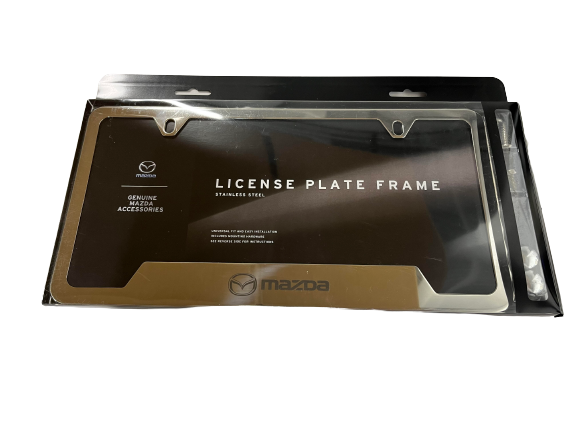 C9N3V4027A - Exterior: 2006-2023 Mazda License Plate Frame Polished Mazda Logo for Mazda: 2, 3, 5, 6, CX-3, CX-30, CX-5, CX-50, CX-7, CX-9, MPV, MX-5 Miata, RX-8, Tribute Image