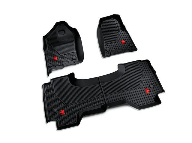 82216269AB - : All-Weather Floor Mats, Front &amp; Rear -- Crew (Black -- Rebel Black with Red Logo) for Mopar Image