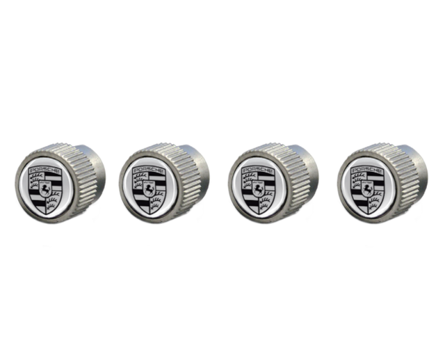 PNA70500199 - Wheels: Valve Stem Cap Set- Silver with Black Crest for Porsche: 911, Boxster, Cayenne, Cayman, Panamera Image
