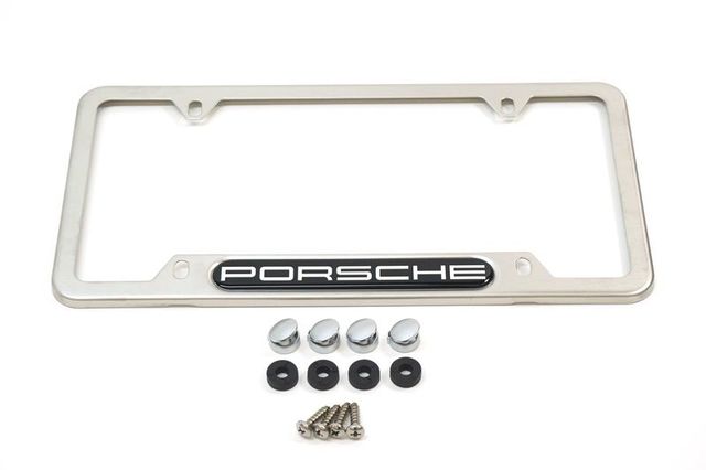 PNA70201300 - Exterior: BRUSHED SILVER Stainless Steel License Plate Frame, Logo Porsche for Porsche: 911, Boxster, Cayenne, Cayman, Panamera Image