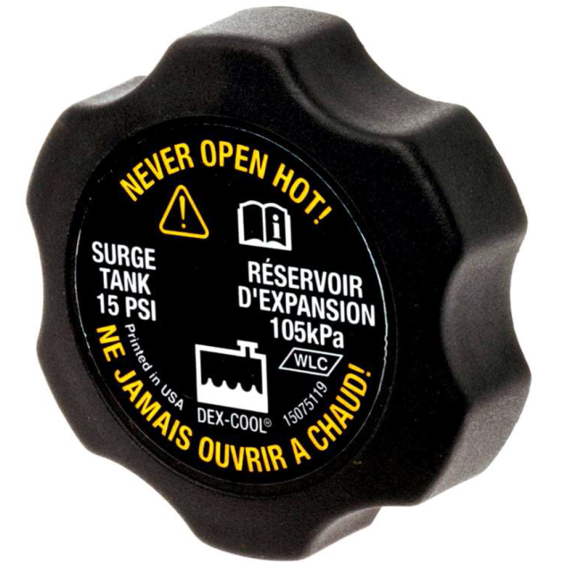 15075118 - Cooling System: Reservoir Cap for Buick: Enclave | Cadillac: CTS, Escalade, Escalade ESV, Escalade EXT, SRX, STS | Chevrolet: Avalanche, Avalanche 1500, Avalanche 2500, Captiva Sport, Cavalier, Classic, Cobalt, Equinox, Express 2500, Express 3500, Express 4500, Malibu, Silverado 1500, Silverado 1500 Classic, Silverado 1500 HD, Silverado 1500 HD Classic, Silverado 2500, Silverado 2500 HD, Silverado 2500 HD Classic, Silverado 3500, Silverado 3500 Classic, Silverado 3500 HD, SSR, Suburban 1500, Suburban 2500, Suburban C1500, Suburban C2500, Tahoe, Traverse | GMC: Acadia, Acadia Limited, Savana 2500, Savana 3500, Savana 4500, Sierra 1500, Sierra 1500 Classic, Sierra 1500 HD, Sierra 1500 HD Classic, Sierra 2500, Sierra 2500 HD, Sierra 2500 HD Classic, Sierra 3500, Sierra 3500 Classic, Sierra 3500 HD, Suburban C1500, Suburban C2500, Terrain, Yukon, Yukon XL 1500, Yukon XL 2500 | Hummer: H2 | Oldsmobile: Alero, Cutlass, Intrigue | Pontiac: G5, G6, Grand Am, Solstice, Sunfire, Torrent | Saturn: Aura, Ion, Sky, Vue Image