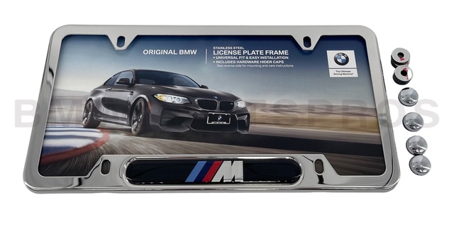 82120010405 - : BMW OEM M LOGO LICENSE PLATE FRAME IN POLISHED STAINLESS STEEL for BMW: 128i, 135i, 135is, 228i, 228i xDrive, 230i, 230i xDrive, 320i, 320i xDrive, 328d, 328d xDrive, 328i, 328i xDrive, 330e, 330i, 330i GT xDrive, 330i xDrive, 335i, 335i GT xDrive, 335i xDrive, 335is, 340i, 340i GT xDrive, 340i xDrive, 428i, 428i xDrive, 430i, 430i Gran Coupe, 430i xDrive, 435i, 435i xDrive, 440i, 440i xDrive, 528i, 528i xDrive, 530i, 530i xDrive, 535d, 535d xDrive, 535i, 535i GT, 535i GT xDrive, 535i xDrive, 540d xDrive, 540i, 540i xDrive, 550i, 550i GT xDrive, 550i xDrive, 640i, 640i Gran Coupe, 640i xDrive, 640i xDrive Gran Coupe, 640i xDrive Gran Turismo, 650i, 650i Gran Coupe, 650i xDrive, 650i xDrive Gran Coupe, 740e xDrive, 740i, 740i xDrive, 740Li, 740Li xDrive, 750i, 750i xDrive, 750Li, 750Li xDrive, 760Li, 840i, 840i Gran Coupe, Alpina B6 xDrive Gran Coupe, Alpina B7, M2, M235i, M235i xDrive, M240i, M240i xDrive, M3, M340i, M4, M440i Gran Coupe, M5, M550i xDrive, M6, M6 Gran Coupe, M760i xDrive, M8, X1, X2, X3, X4, X5, X6, X7, Z4 Image