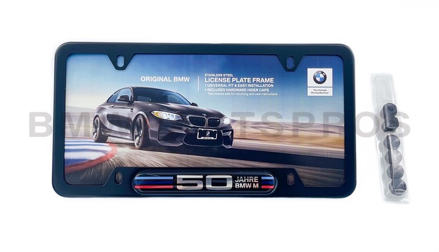 82115A75DA6 - : BMW OEM 50TH ANNIVERSARY M LICENSE PLATE FRAME for BMW: 230i, 330e, 330i, 430i, 430i Gran Coupe, 530i, 540i, 740i, 840i, 840i Gran Coupe, M2, M240i, M3, M340i, M4, M440i Gran Coupe, M5, M550i xDrive, M8, X1, X2, X3, X4, X5, X6, X7, Z4 Image
