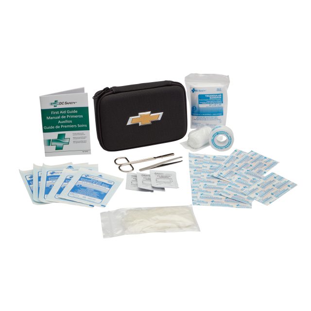 84134572 - Interior: First Aid Kit with Bowtie Logo for Chevrolet: Avalanche, Aveo, Blazer, Blazer EV, Bolt EV, Camaro, Captiva Sport, City Express, Cobalt, Colorado, Corvette, Cruze, Cruze Limited, Equinox, Equinox EV, Express 1500, Express 2500, Express 3500, Express 4500, HHR, Impala, Malibu, Malibu Limited, Silverado 1500, Silverado 1500 LD, Silverado 1500 LTD, Silverado 2500 HD, Silverado 3500 HD, Silverado EV, Sonic, Spark, Spark EV, SS, Suburban, Suburban 1500, Suburban 2500, Suburban 3500 HD, Tahoe, Trailblazer, Traverse, Trax, Uplander, Volt | GMC: Savana 3500, Sierra 1500, Sierra 2500 HD, Sierra 3500 HD Image